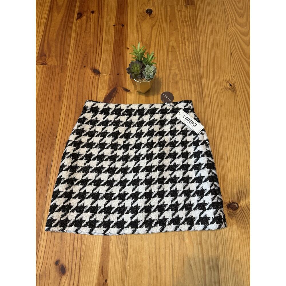 L'agence Marseille Mini Skirt Ecru/Black/Gold Houndstooth Women's Size 8 NWT - Picture 2 of 13